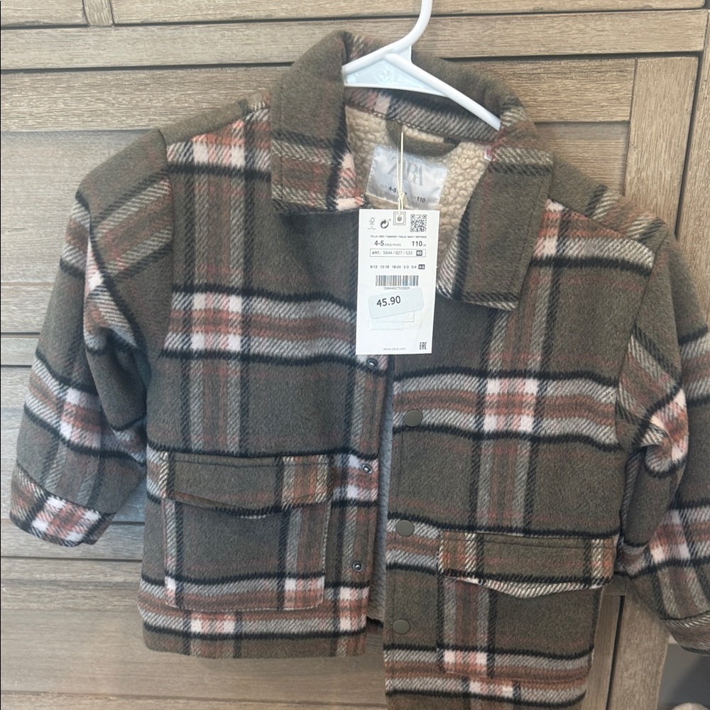 Zara Kids Olive Plaid Pea Coat with Cream Sherpa